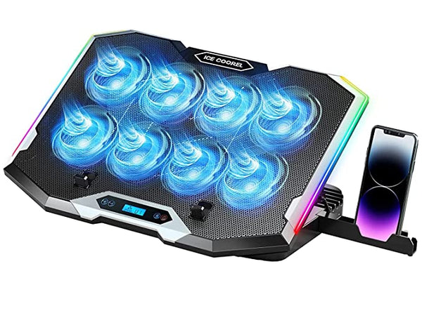 Proffisy Laptop Cooling Pad, 8 Silent Fans Cooler Pad with 6 Wind Speed Modes, 10 Modes RGB Light, 6 Height Adjustment, LCD Display Gaming Cooling Pad for Laptop for 11-17.3 inches Laptop,Black