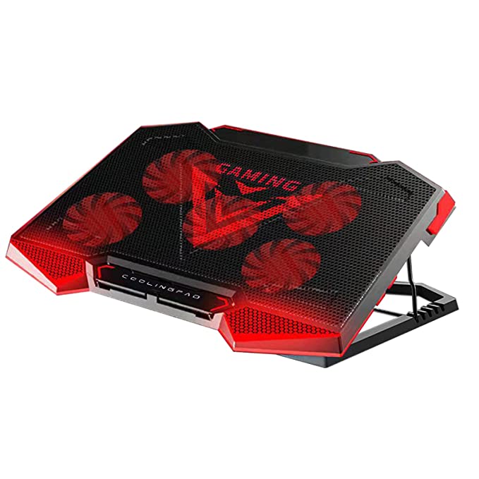 Proffisy Game Cooling Pad, Laptop Cooler with 5 Quiet Red LED Fans for 12-18 Inch Laptop, Dual USB 2.0 Ports, Portable 7 Angle Adjustable Laptop Stand for Gaming Laptop (Black / Red)