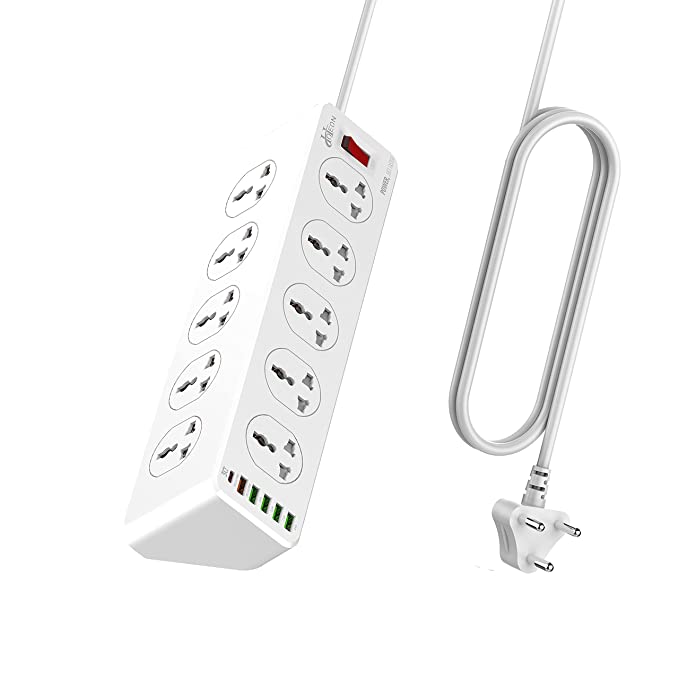 Hoteon 10 Way Extension Board, 2500W Power Strip with USB C& QC3.0 USB Fast Charging Ports, 10 Universal Outlets, 6 USB Solts Surge Protection 2M Cord Home Office (3-PIN White)