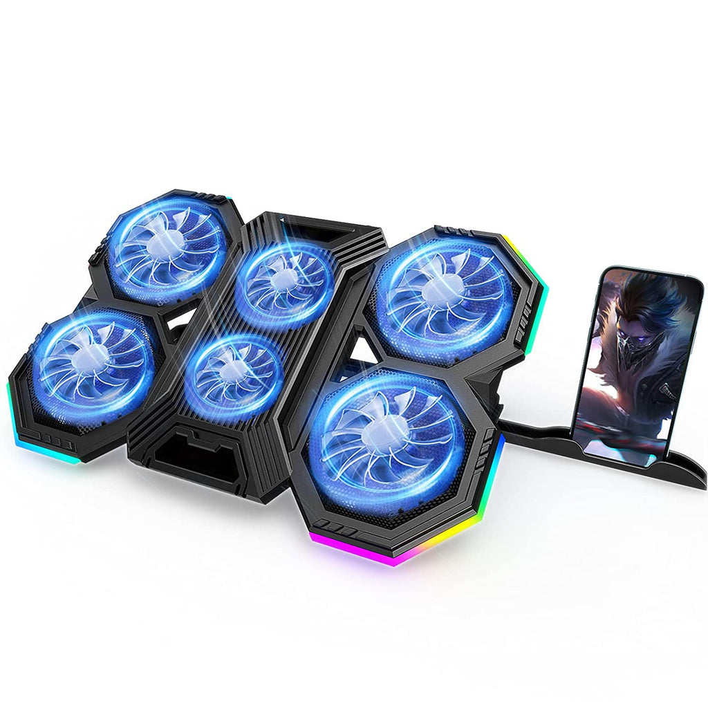Proffisy Cooling Pad , Gaming Laptop Cooling Stand with RGB Light 6 Quiet Cooling Fans 6 Height Adjustable and Dual USB Ports for 11-15.6 Inch Laptops (Extra iPad/Phone Stand)